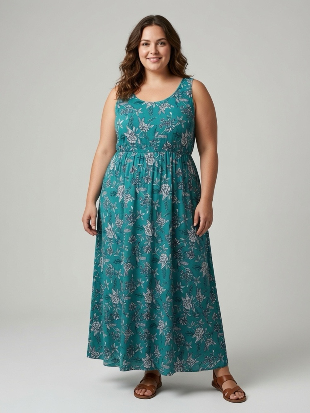 French Grey Teal Floral Maxi Dress sz L